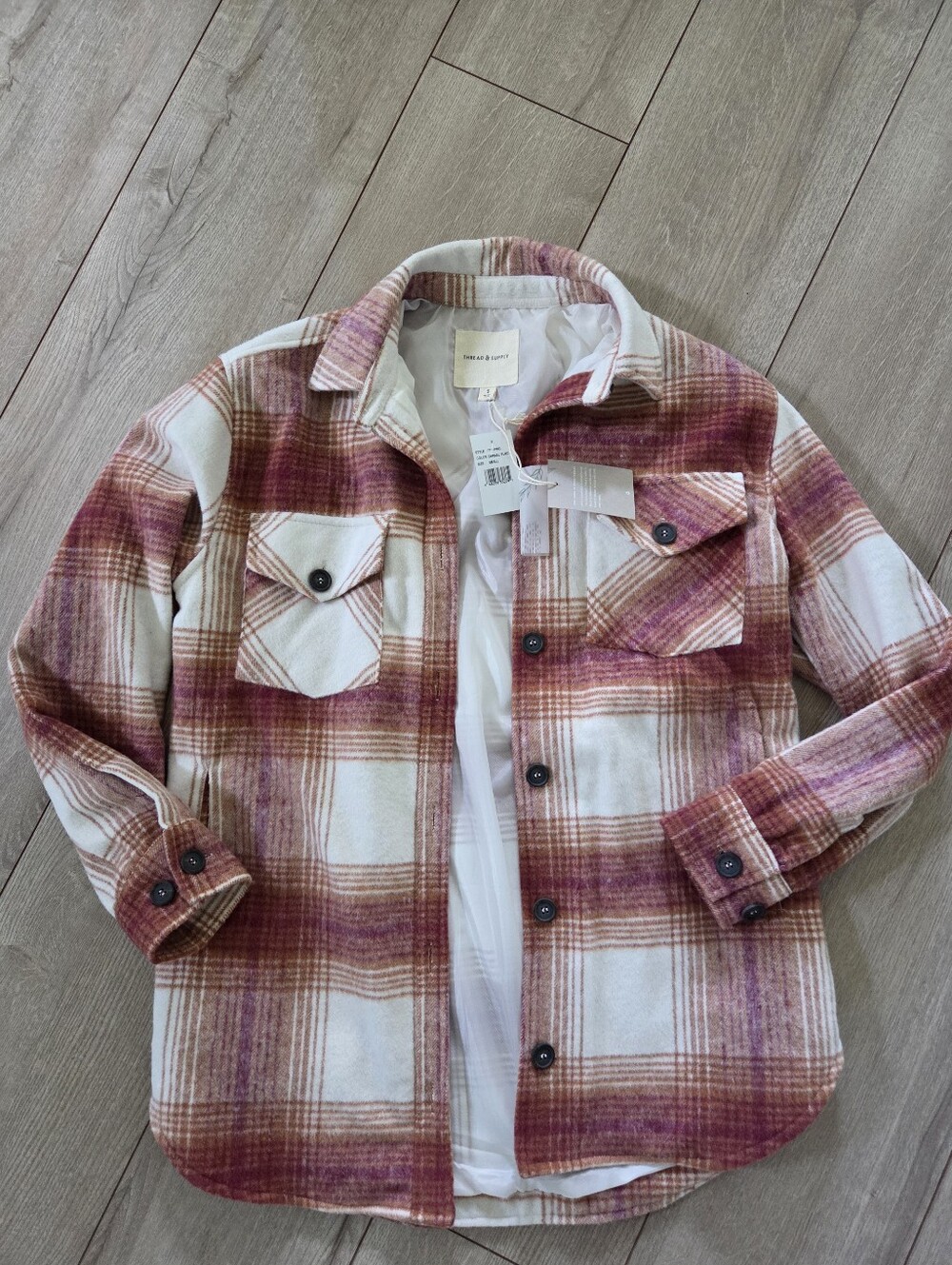 NWT Thread & Supply Pink and Cream Plaid Shacket Size Small